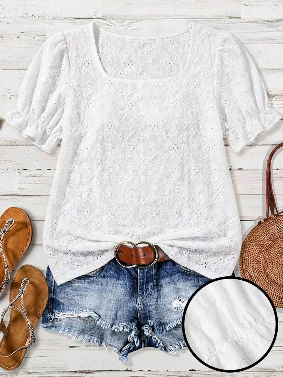 SHEIN VCAY Áo sơ mi ngắn tay họa tiết cánh hoa khoét rỗng dành cho nữ cỡ lớn, thích hợp cho kỳ nghỉ. - trắng - Xem 1