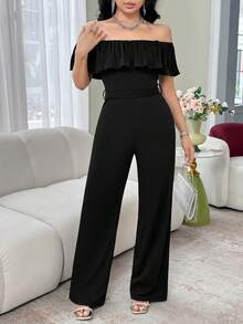 Feyla Elegant Off Shoulder Ruffle Collar Jumpsuit For Women, Everyday Wear - Black - View 3