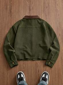 SWAVVY Men's Casual Vintage Contrast Color Button Front Shacket - Olive Green - View 5
