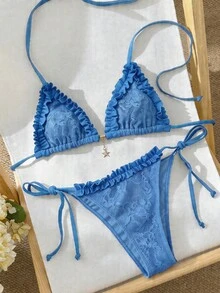 Swim Mod 女款提花布料掛脖花邊比基尼套裝，水藍色，夏季休閒性感度假海灘泳衣 2 件組 - 藍色 - 查看 2