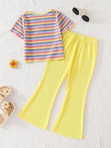 Genkimix Kids Conjunto de pantalones acampanados con rayas coloridas y bordado morado, estilo lindo de vacaciones para niña - Amarillo - Ver 3
