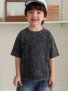 Hapijoa Young Boy Solid Color Round Neck Casual Versatile Daily Wear Short Sleeve T-Shirt - Dark Grey - View 3