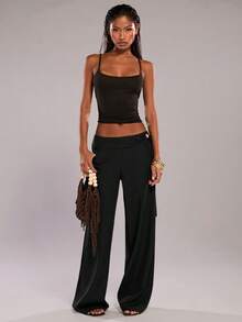 SHEIN BAE Brown Casual Beaded Decor Wide Leg Pants/Relaxed Fit Trousers, Suitable For Vacation, Commute, Outing, Summer - Black - View 3