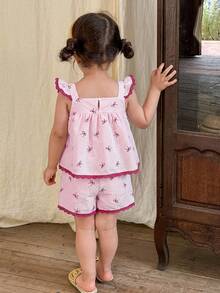 LMoss Kids 女婴碎花荷叶边领休闲上衣和短裤两件套 - 淺粉色 - 查看 3