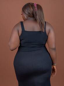 CurvyTilda Plus Contrast Lace Wide Strap Top, For Hourglass Body Shape - Black - View 2