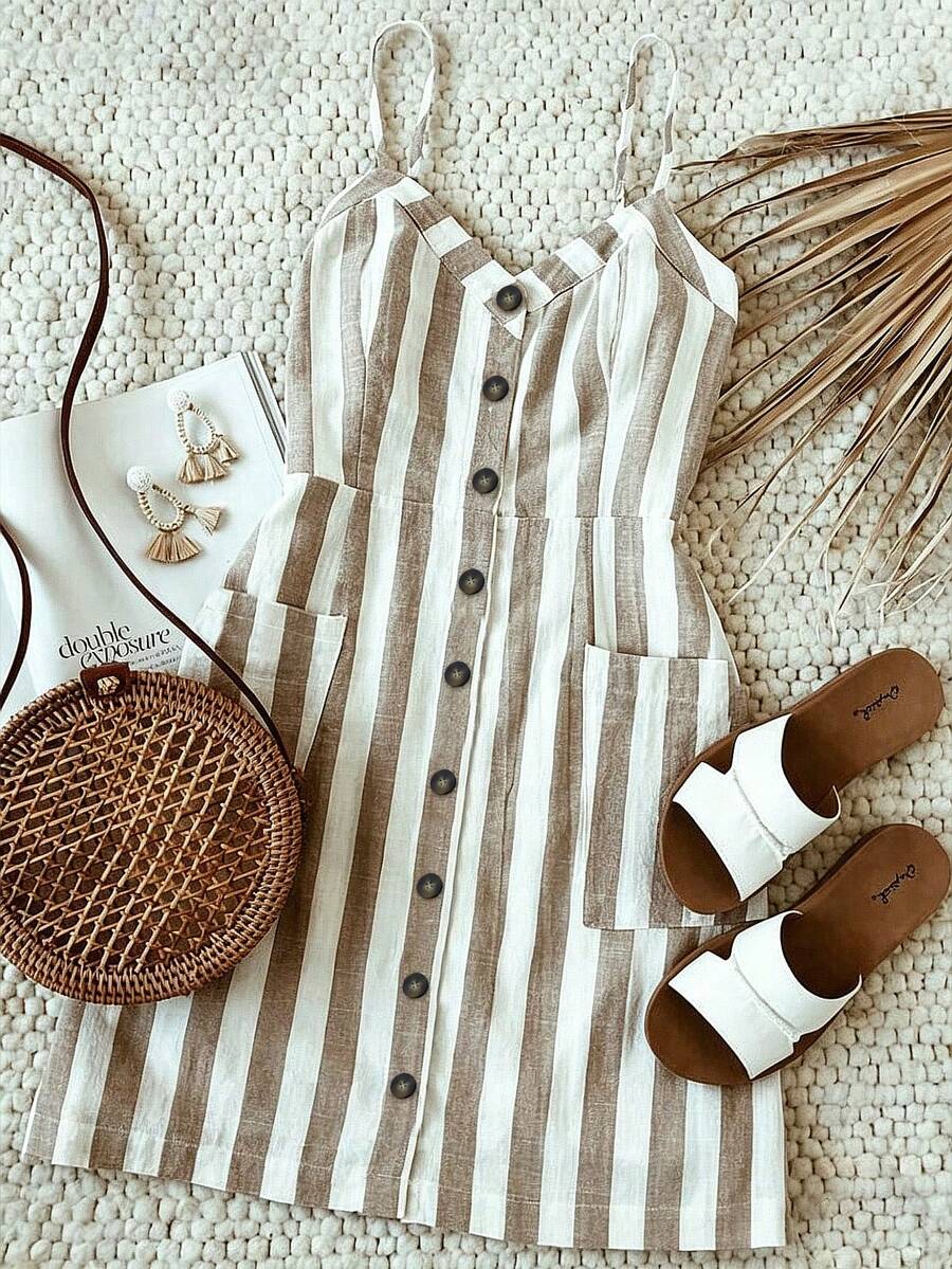 GlowEve CURVE Plus Size Woven Casual Resort Striped Sleeveless Summer Dress - Khaki - View 1