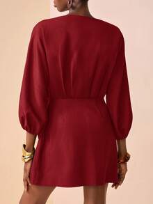 Zivah Women's Solid Color V-Neck Knot Waist Casual Party Mini Dress - Red - View 2