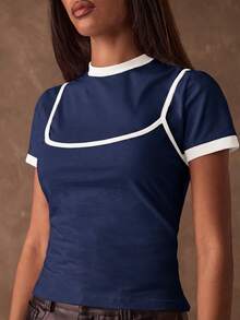 SHEIN BAE Atasan Wanita Kasual Serbaguna untuk Pemakaian Sehari-hari, Atasan Musim Panas - Navy Blue - View 7
