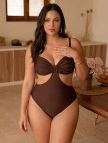 Swim Chiccia 大码女式纯色褶皱镂空性感连体泳衣 - 咖啡棕 - 查看 4