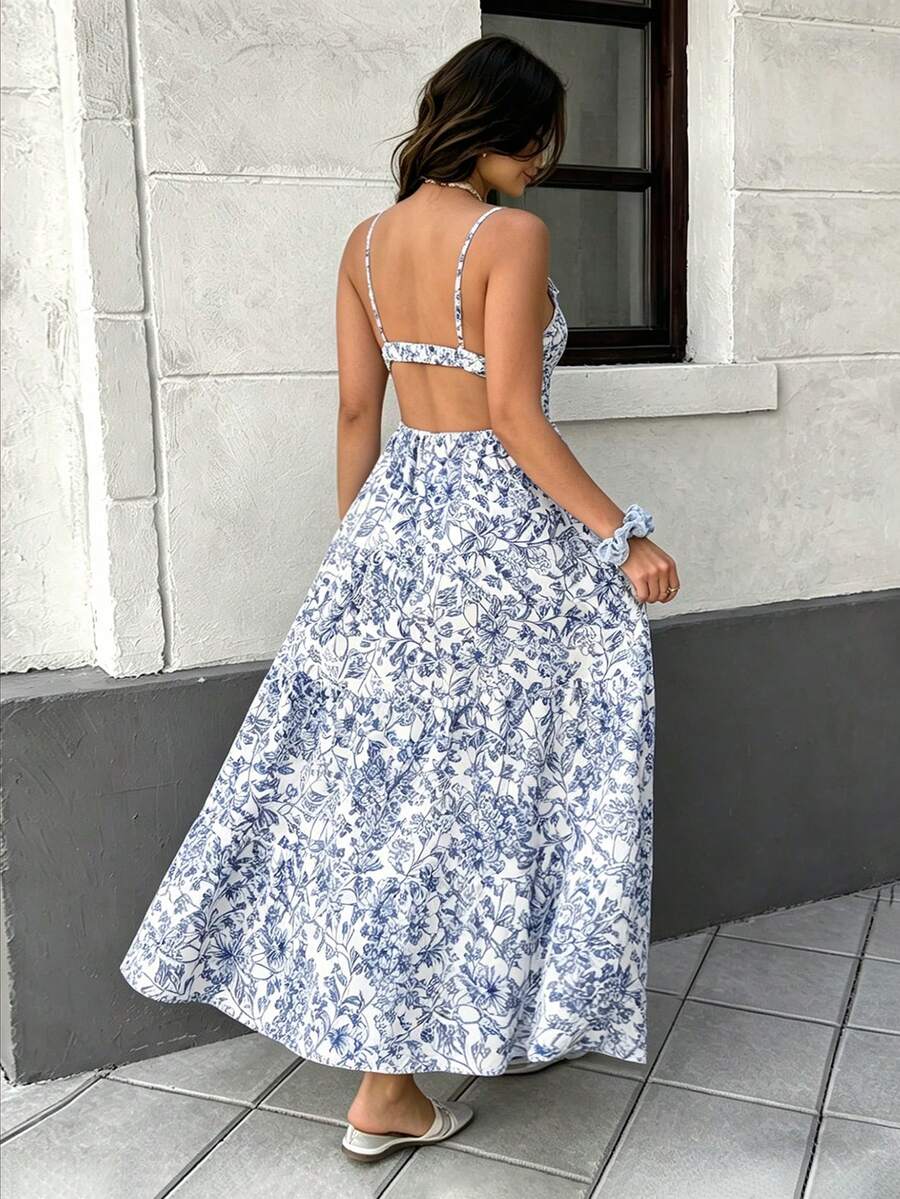 Vionelle Đầm hè mới dành cho nữ cỡ lớn, dây mảnh, cổ chữ V sâu, dáng rộng, hở lưng, trễ vai, thanh lịch, lãng mạn, thường ngày, đầm đi nghỉ mát, đầm hè cho nữ, đầm mùa hè cho nữ, đầm chống nắng mùa hè, trang phục đi nghỉ mát, đầm du lịch cho nữ. - Màu xanh lam - Xem 1