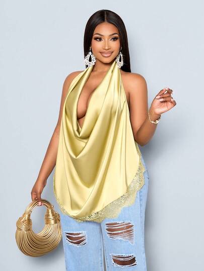 SOLERSUN Plus-Size Women's Sexy And Elegant Beach Party Vacation Blouse, Fashionable Solid Color Satin Satin Lace Hem Tie Women's Spring And Summer Sleeveless Halter Neck Camisole, Spring Green, Drop Neck, Ruffled Backless Shoulder Straps, Asymmetrical Hem, Lace, Suitable For Vacation, Leisure, Outdoor Barbecue, Juneteenth, Caribbean Style And Other Occasions, Can Be Paired With Scarves And Tops, Resort, Holiday Wear, Summer Versatile Outfit.