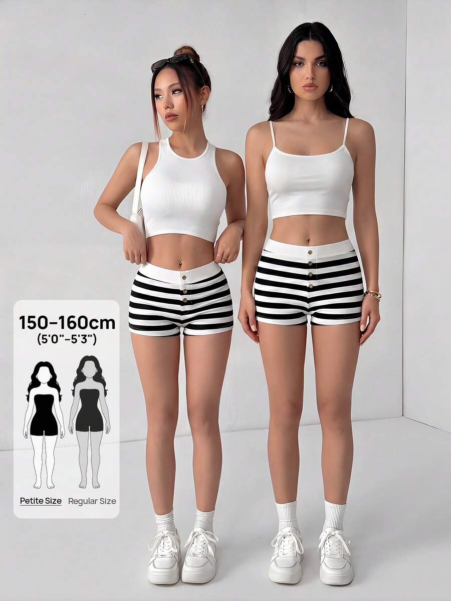 SHEIN PETITE Black & White Striped Casual Low Waist Shorts - Black and White - View 1