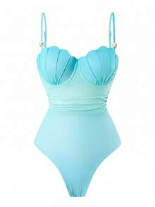 Swim Oasis Conjunto de traje de baño de 2 piezas de moda de alta gama para mujer con falda ajustado con abertura lateral fruncida, ajustable, con decoración de concha y degradado de color, para primavera/verano - verde menta - Ver 3