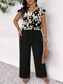 SHEIN Frenchy Bộ đồ 2 món dành cho nữ cỡ lớn, in họa tiết hoa, màu kaki. - Nhiều màu - Xem 5