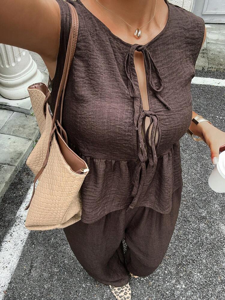 Dazy Plus Summer Tie-Up Cropped Sleeveless Top And Casual Loose Pants 2 Pieces Set, Plus Size, Brown