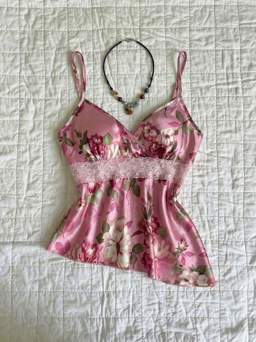 Flirla Camiseta sin tirantes con cuello en V, estampado floral, parches y ribete de encaje en la cintura para mujeres - Rosa - Ver 1