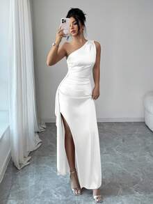 Selianne Đầm dạ hội maxi sang trọng bằng satin lệch vai, xếp ly eo, xẻ cao, gợi cảm dành cho nữ, mẫu mới mùa hè 2026. - trắng - Xem 5