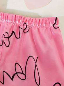 2-teiliges Baby Mädchen Pyjama Set mit Kragen, Kurzarm, Shorts, Sommer rosa mit kontrastierendem schwarzem Rand, Allover-Muster mit LOVE Buchstaben, lässige, stilvolle Homewear, Nachtwäsche, Satin-Seide-ähnlich, glatt, bequem, weich, atmungsaktiv, hochwertig, leicht, hautfreundlich, Kleinkind Loungewear, elegante, modische, sanfte Innentagebekleidung - Altrosa - Übersicht 7