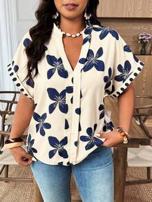 Weeklong Plus Size Women's Holiday Print V-Neck Ruffle Trim Blouse,Elegant Sky Blue Summer Everyday Casual Comfortable Versatile Shirts,New Arrivals Tops - Apricot - View 6