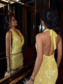 SHEIN Glamour 女士亮片露背系带性感迷你连衣裙，适合约会和派对 - 黃色 - 查看 3