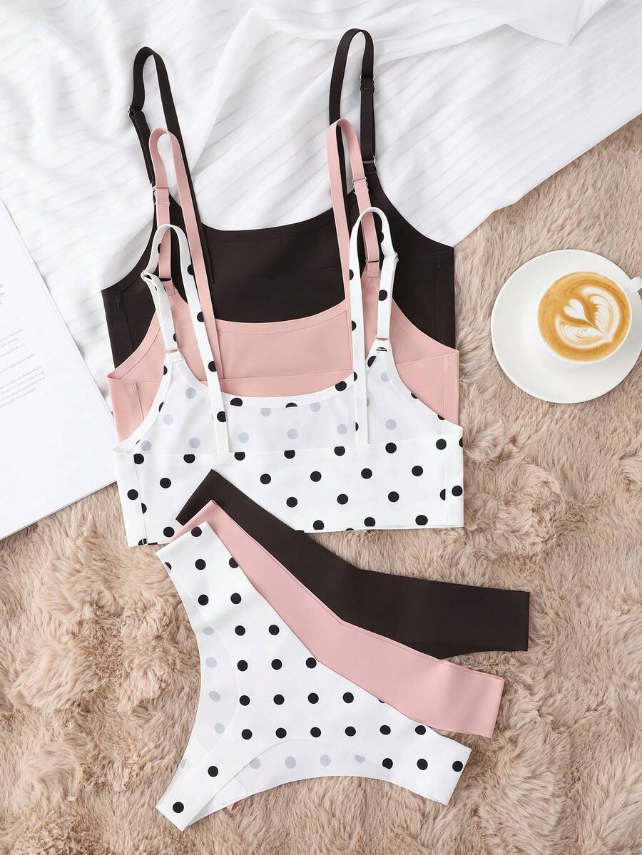 SHEIN Conjunto de ropa interior casual de diario con sujetador y pantie con tirantes ajustables para mujer - Multicolor - Ver 1