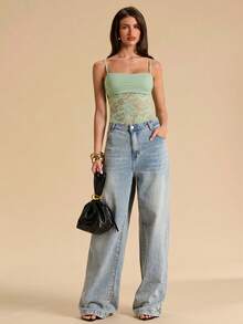 SHEIN BAE Schwarzes Spitzen-Patchwork sexy transparentes Camisole, Sommer schwarzes Spitzen Spaghetti-Träger Camisole, geeignet für Musikfestivals, sexy Camisole für Ausgehen - Minzgrün - Übersicht 3