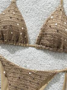 Costavie Swim Mod 两件式泳衣，纯色亮片纹理挂脖式文胸上衣和侧系带比基尼泳裤套装，性感比基尼，春夏海滩度假 - 杏色 - 查看 7