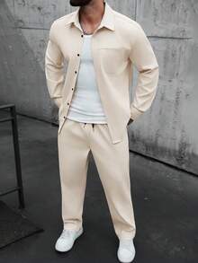 Manfinity CasualCool Bộ áo sơ mi dài tay cổ cài cúc và quần dài dành cho nam, thích hợp cho mùa thu/đông. - Màu be - Xem 3