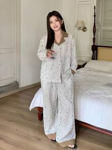 Dazy Plus 可爱波点印花撞色拼接休闲加大码女式睡衣套装，春夏秋季 - 白色 - 查看 8