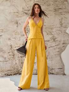 MOTF PREMIUM WOMEN'S V-NECK LINEN TOP, SPRING/SUMMER - Yellow - View 4