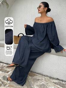 Dazy Plus Bộ đồ denim màu tối gồm 2 món: Áo denim dáng rộng trễ vai và quần jeans ống rộng, thích hợp cho mùa xuân/thu. - Rửa tối - Xem 1