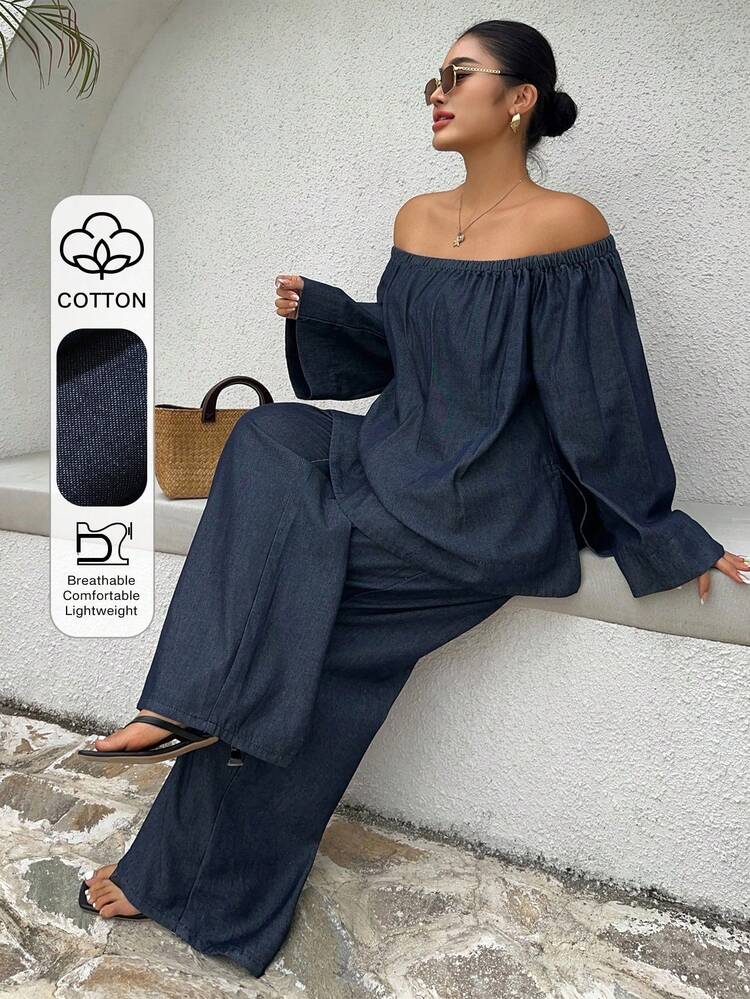 Dazy Plus Dark Wash Denim 2 Pieces Set, Off-Shoulder Loose Denim Top And Wide Leg Jeans, Spring/Autumn