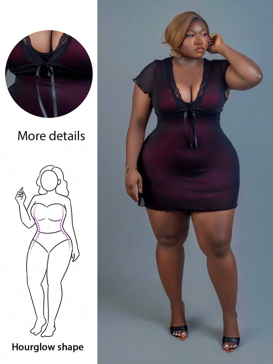 CurvyTilda 加大码 V 领蕾丝拼布黑色休闲连衣裙,春/秋季、秋季、返校节、外出、约会、婚礼宾客礼服、裹身裙、秋冬、优雅派对礼服、女士婚礼宾客礼服、民事婚礼礼服、女士约会礼服、女士夜间外出礼服、女士秋季礼服 - 彩色 - 查看 1
