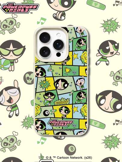THE POWERPUFF GIRLS X SHEIN Ốp lưng điện thoại Powerpuff Girls Buttercup màu xanh lá cây in hình hoạt hình ghép, chất liệu da màu be, chống sốc, chống rơi, bảo vệ toàn diện cho iPhone 17 Pro Max 16 15 14 13 12 Pro Max Plus, phong cách retro Y2K, dễ thương, nữ tính, thời trang cao cấp.