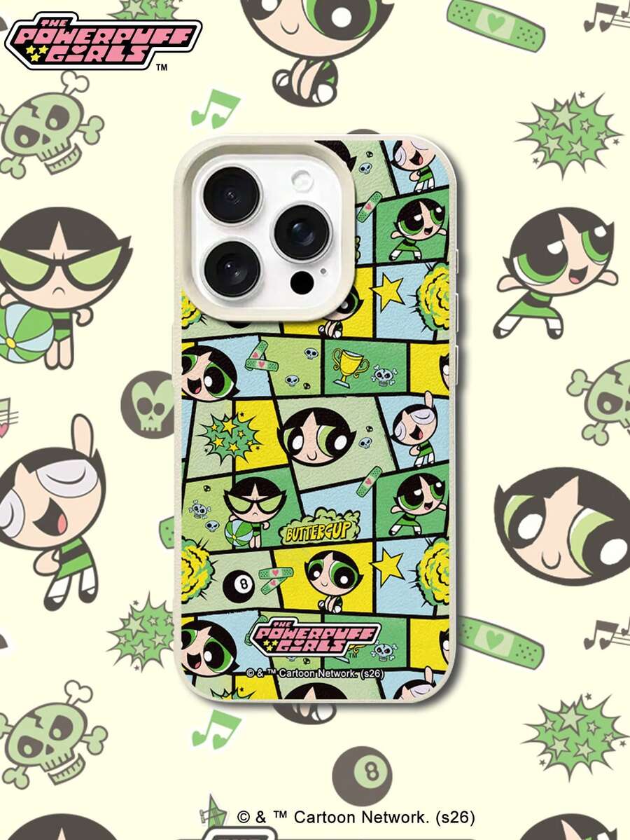 THE POWERPUFF GIRLS X SHEIN Ốp lưng điện thoại Powerpuff Girls Buttercup màu xanh lá cây in hình hoạt hình ghép, chất liệu da màu be, chống sốc, chống rơi, bảo vệ toàn diện cho iPhone 17 Pro Max 16 15 14 13 12 Pro Max Plus, phong cách retro Y2K, dễ thương, nữ tính, thời trang cao cấp. - Nhiều màu - Xem 1
