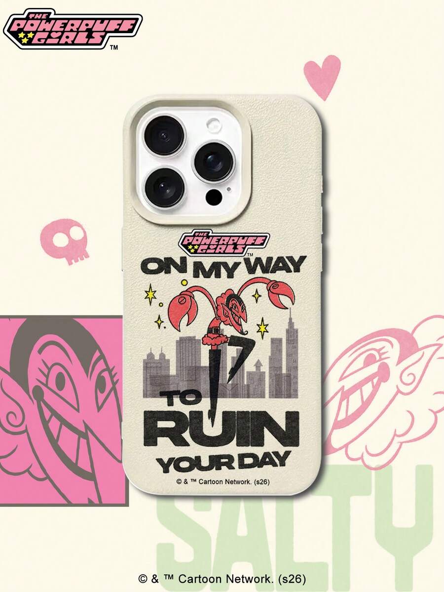 THE POWERPUFF GIRLS X SHEIN Ốp lưng điện thoại họa tiết hoạt hình Mojo Jojo của Powerpuff Girls, chất liệu da màu be, chống sốc, chống rơi, bảo vệ toàn diện cho iPhone 16 15 14 13 12 Pro Max Plus, phong cách retro Y2K, dễ thương, nữ tính, thời trang cao cấp. - Nhiều màu - Xem 1