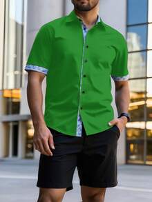 Manfinity Homme Plus Size Men's Floral Print Front Button Casual Short Sleeve Shirt - Green - View 3