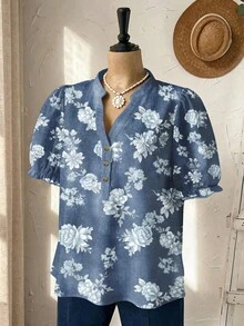 Rusticease 大码女式时尚优雅印花短袖衬衫 - 彩色 - 查看 6
