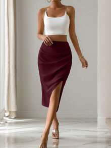 Glamine Elegant Commuter Solid Color Wrap-Around Slit Skirt - Burgundy - View 5