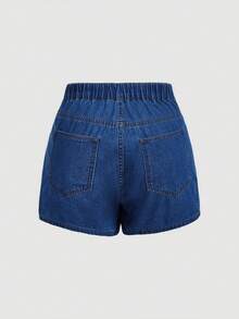 SHEIN Tall CURVE 大码女式蓝色不对称下摆牛仔迷你裙 - 深色水洗藍 - 查看 2