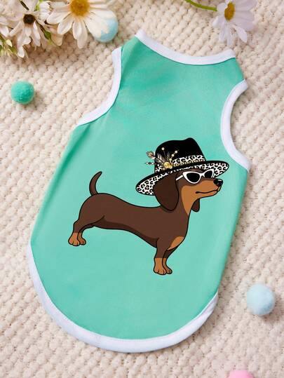 PETSIN 1 vestă cu glugă pentru animale de companie, imprimată cu teckel, stil casual, îmbrăcăminte blândă și respirabilă pentru animale de companie, cusături verzi și albe