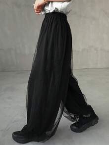 FRIFUL Women's Elastic Waist Mesh Patchwork Casual Versatile Daily Wear Pants - Black - View 4