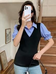 Elyressa Women's Fashionable Casual Contrast Color 2 In 1 Short Sleeve Top - Blue - View 3