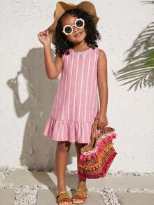 SHEIN Gaun Anak Perempuan Kasual Liburan Fashion Tenun Garis-garis Hijau Leher Bulat Tanpa Lengan Model A-Line dengan Detail Kerut - Berwarna merah muda - View 6