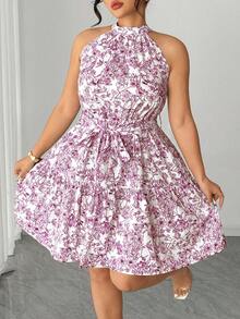 Elenzga Plus Size Halter Neck Printed Short Flare Dress - Pink - View 3