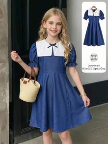 Elladie kids Robe blanche à col mignon pour préadolescentes avec décoration de nœud noir, robe grise décontractée - Bleu azur - Voir 1