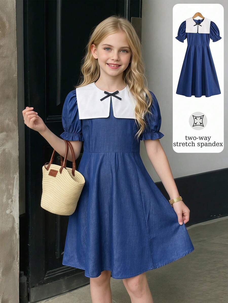 Elladie kids Robe blanche à col mignon pour préadolescentes avec décoration de nœud noir, robe grise décontractée - Bleu azur - Voir 1