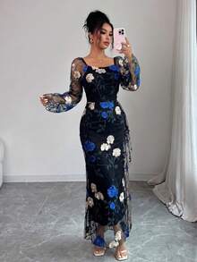 Elenzga Đầm nữ cổ vuông bằng vải lưới thêu hoa thanh lịch, thích hợp cho các buổi họp mặt, sự kiện trang trọng vào mùa xuân/hè (Họa tiết thêu ngẫu nhiên) - Xanh đậm - Xem 7