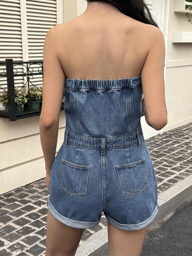 Women's Casual Denim Bib Overall Romper For Daily Wear