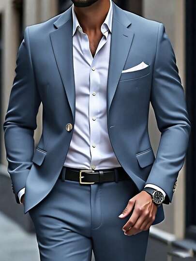 Manfinity Mode Plus Size Men's Solid Color Notched Collar Single-Breasted Long Sleeve Jacket And Pants Casual Suit Set, Versatile For Commuting And Outings